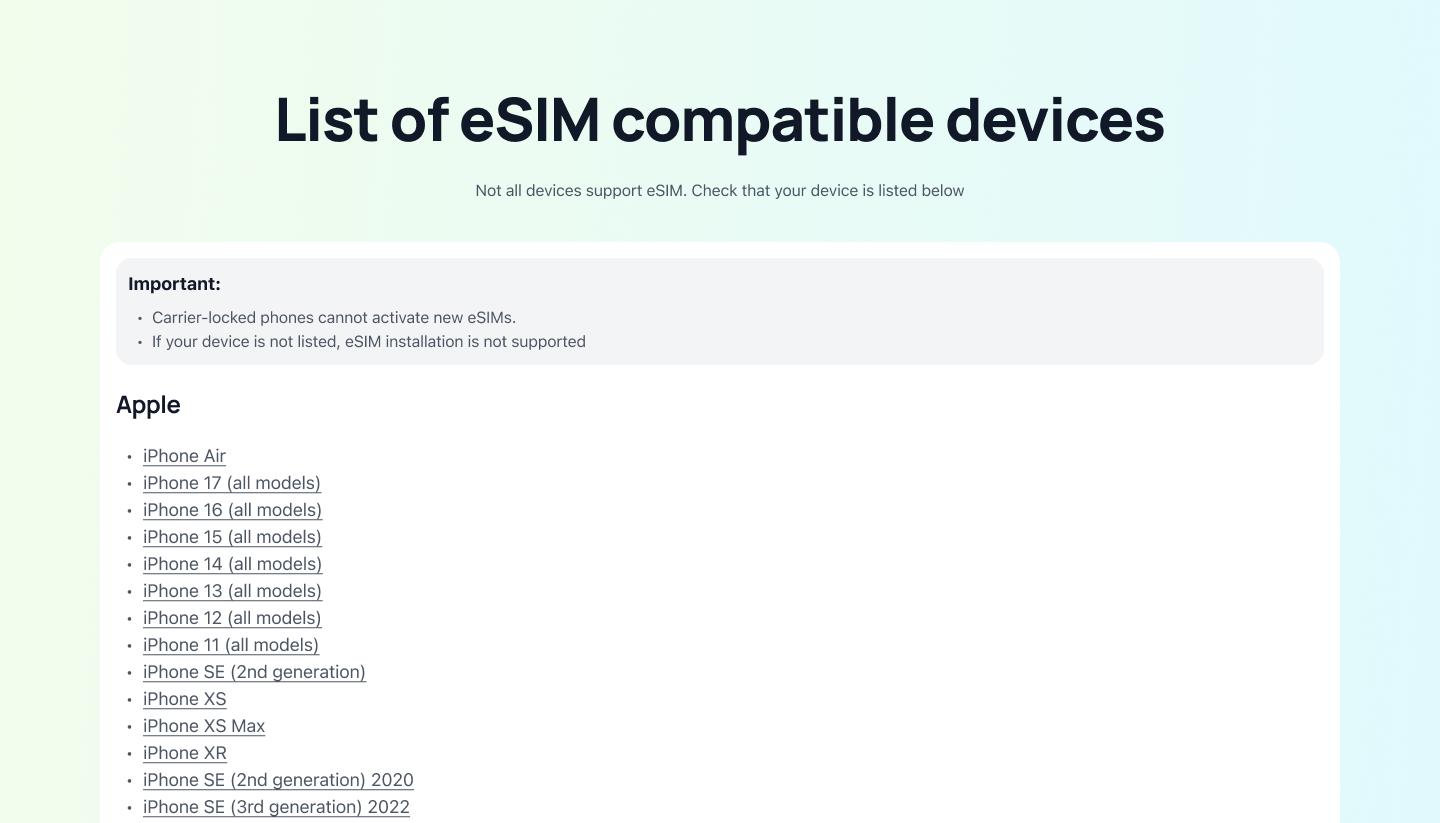 List of eSIM compatible devices Gohub